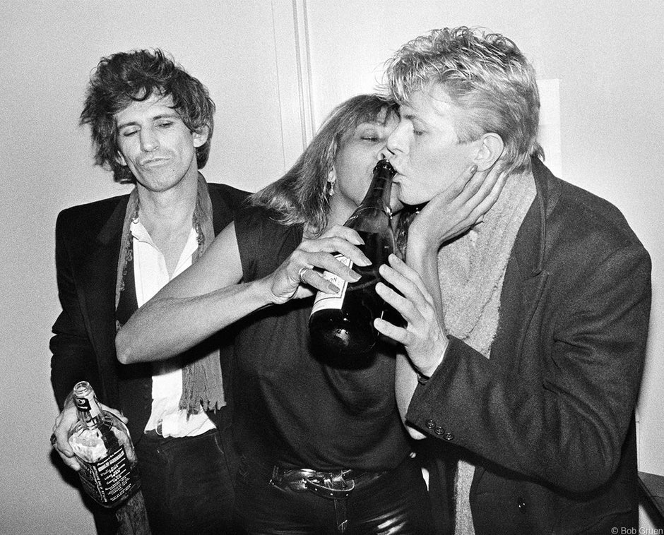 Keith Richards, David Bowie and Tina Turner backstage at The Ritz, NYC, 1983 by Bob Gruen